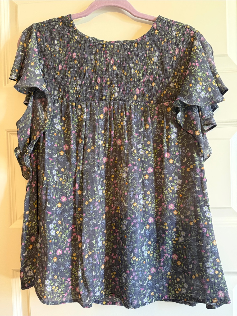 Counterparts Blue-Gray Flutter Sleeve Ruffled Blouse
